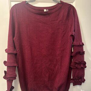 Burgundy, ruffle sleeve, crew neck NY Collection sweater, NWT, Size Medium